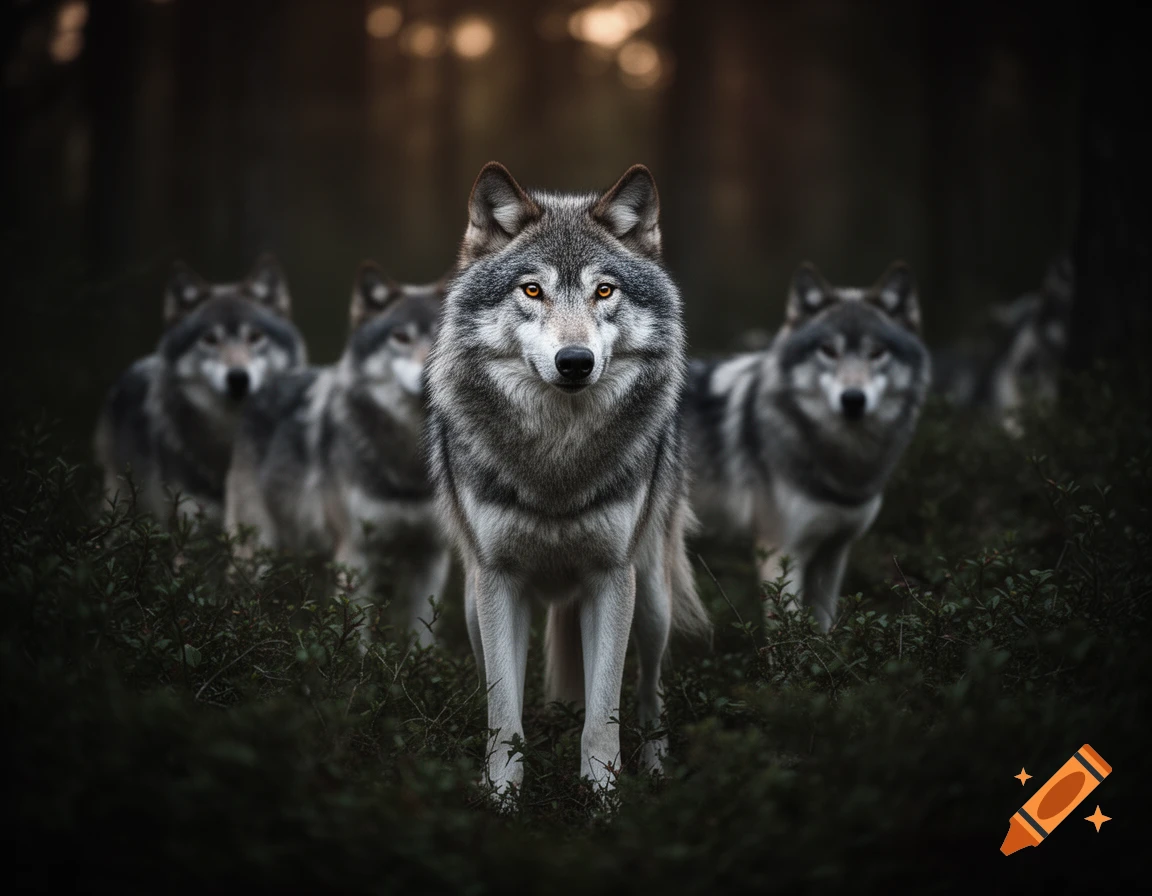 A pack of grey wolves stands among dark green bushes in a forest. One wolf with orange eyes is in sharp focus in the foreground.