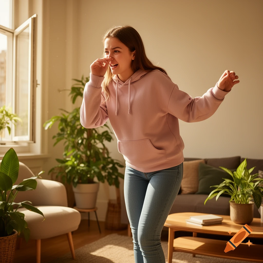 A young woman in a pink hoodie pinches her nose with a disgusted expression in a sunny living room.