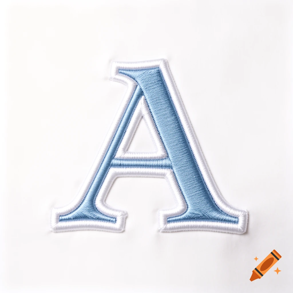 Light blue embroidered capital letter 'A' with a white border, isolated on a pure white background.