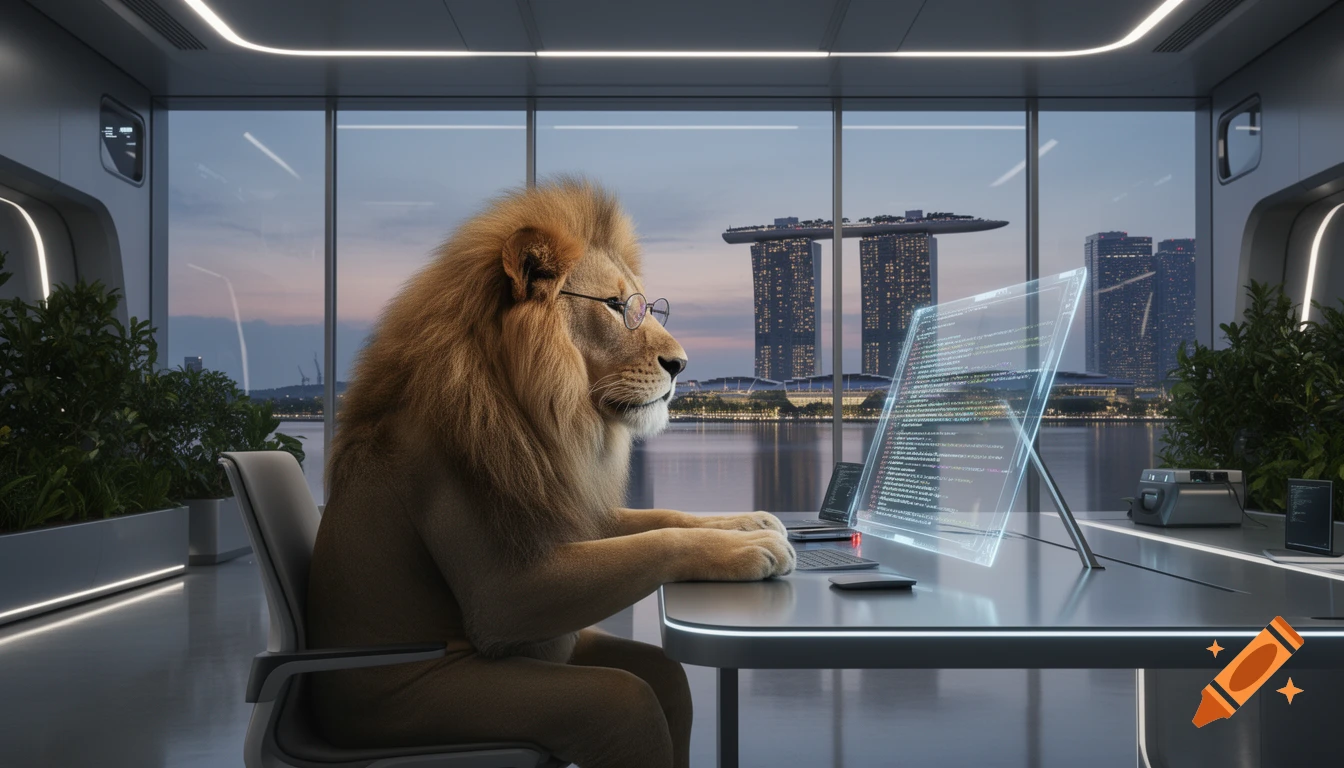 A photorealistic lion in glasses works on a holographic computer in a futuristic office overlooking Singapore's Marina Bay Sands.