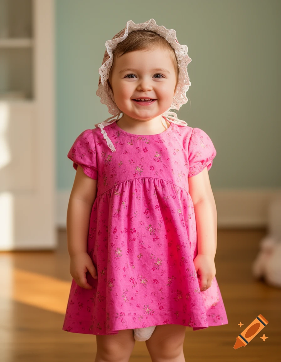 A smiling baby in a pink floral dress and a white lace bonnet stands indoors.