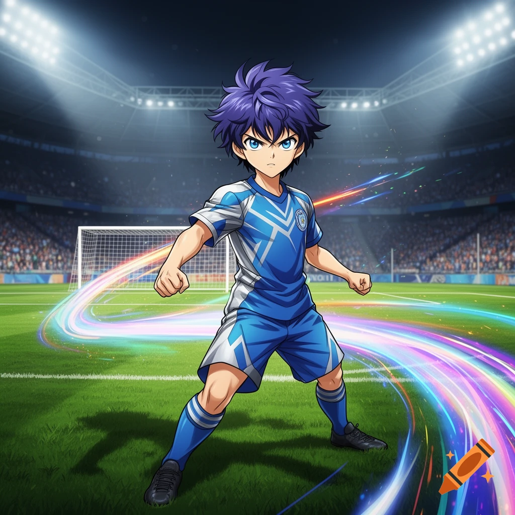 Anime boy in a blue and white soccer uniform on a stadium field with colorful light trails.