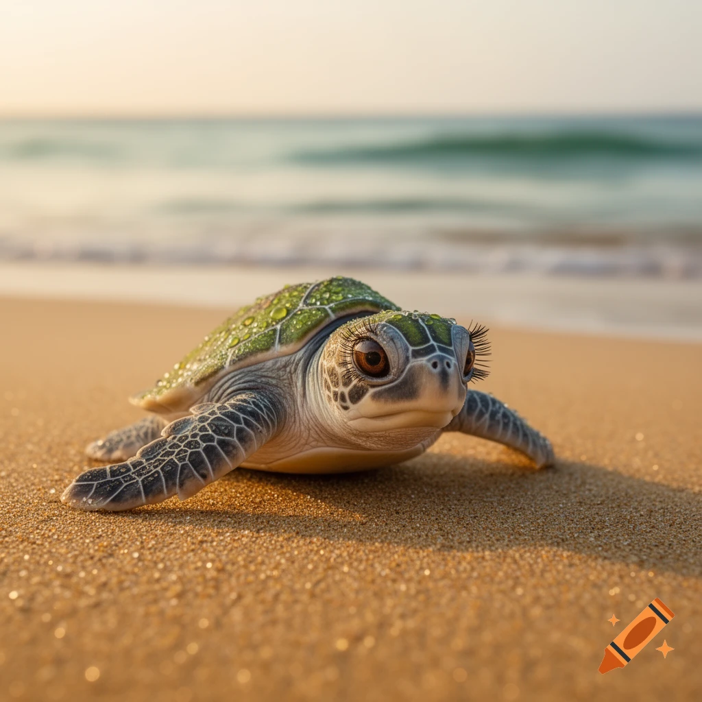 A photorealistic baby sea turtle with long eyelashes on a sandy beach, with ocean waves in the background.