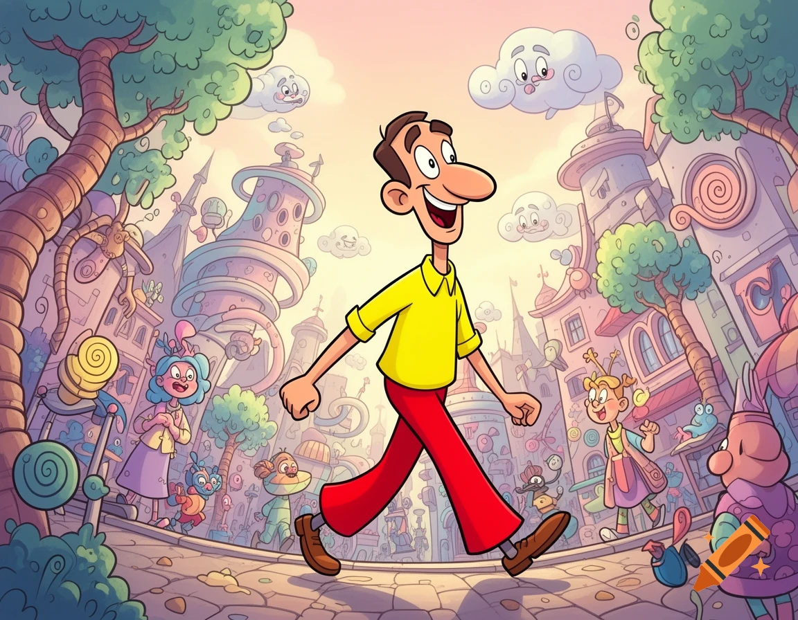 A cheerful cartoon man with a big nose walks down a whimsical, colorful city street populated by other unique cartoon characters.