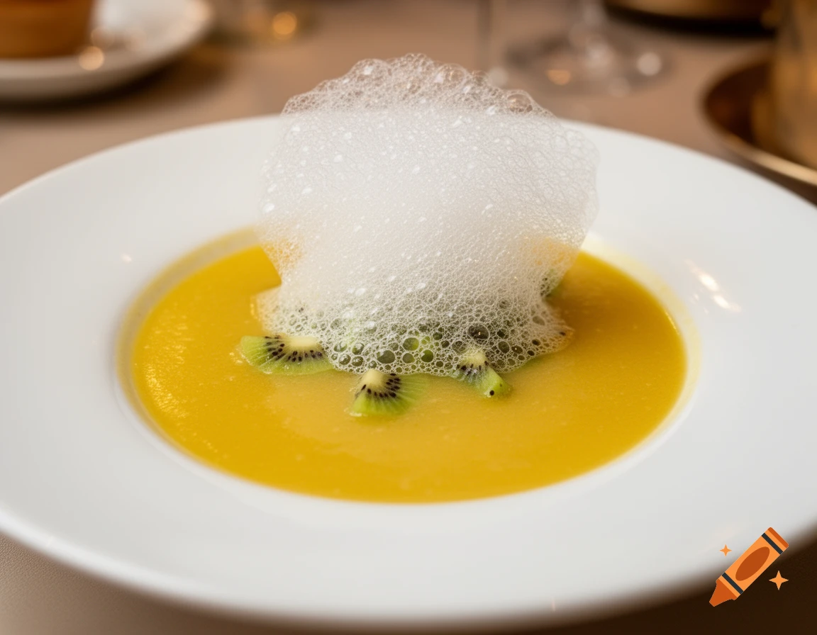 A close-up shot of a gourmet yellow soup with white foam and kiwi slices in a white bowl.