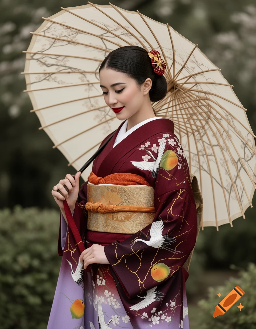 A serene Japanese woman in a deep red and lavender kimono with cranes and kintsugi-style patterns, holding a cream paper umbrella.