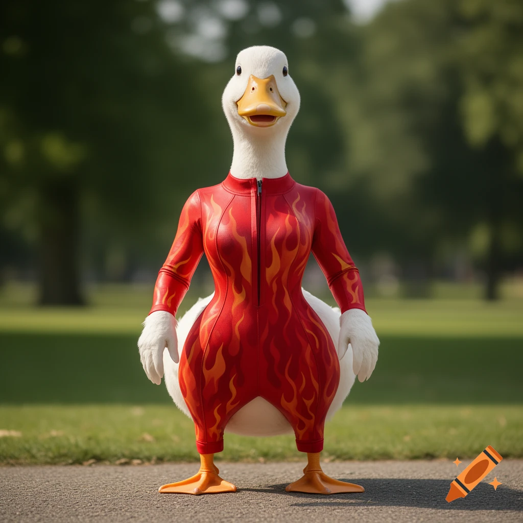 A white duck wearing a tight red jumpsuit with orange flame patterns, standing on pavement with a grassy background.