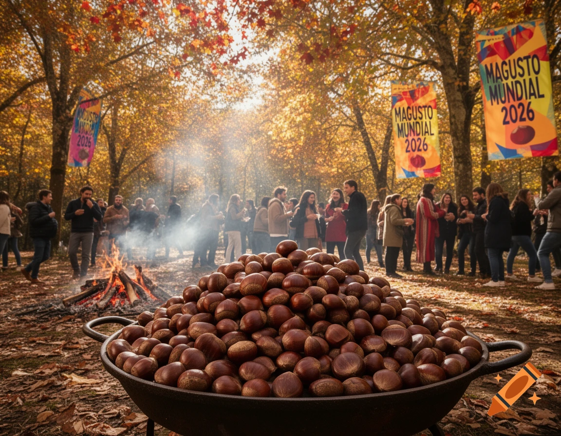 People gather at an autumn Magusto festival in a forest, with a large pot of chestnuts over a bonfire.