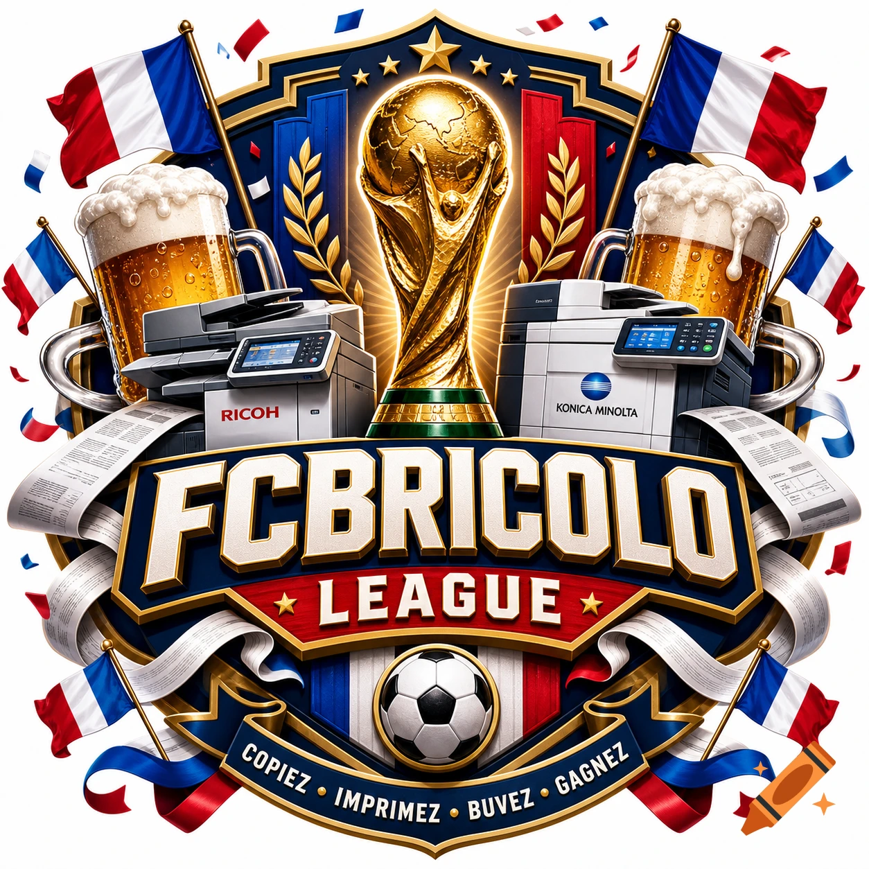 A vibrant logo for 'FCBRICOLO LEAGUE' featuring a golden World Cup trophy, two beer mugs, Ricoh and Konica Minolta photocopiers, French flags, and a soccer ball on a shield emblem. Slogan 'COPIEZ IMPRIMEZ BUVEZ GAGNEZ'.