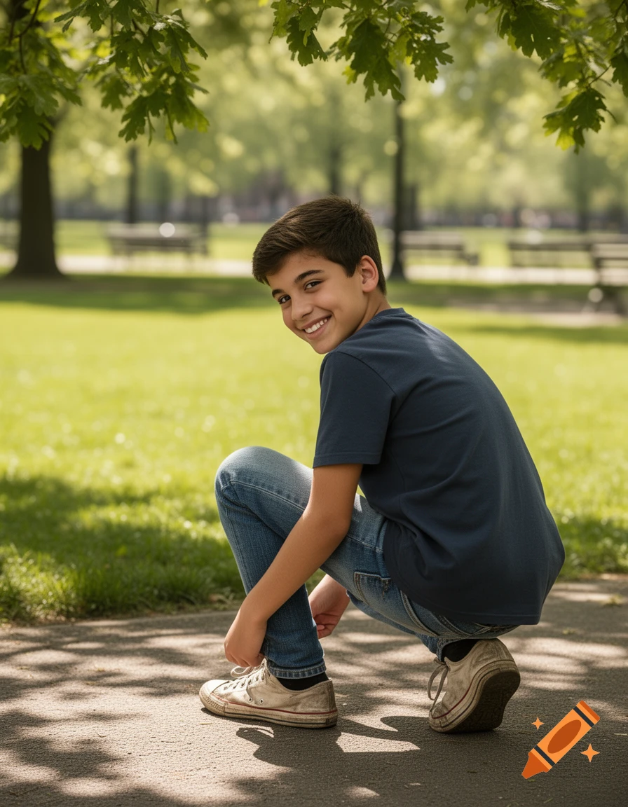 Smiling young boy squats on a path in a sunny park, looking over his shoulder.