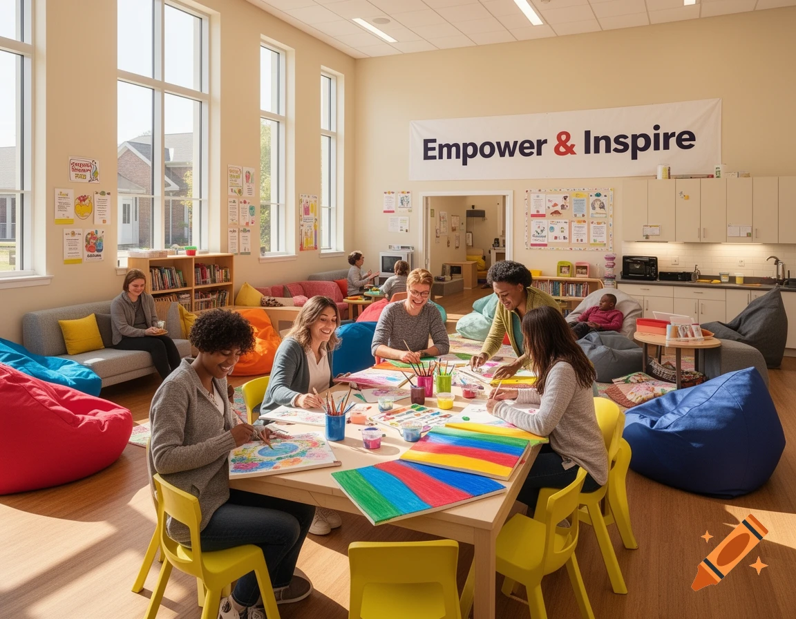 Young adults paint and relax in a bright community room with beanbag chairs and an "Empower & Inspire" banner.