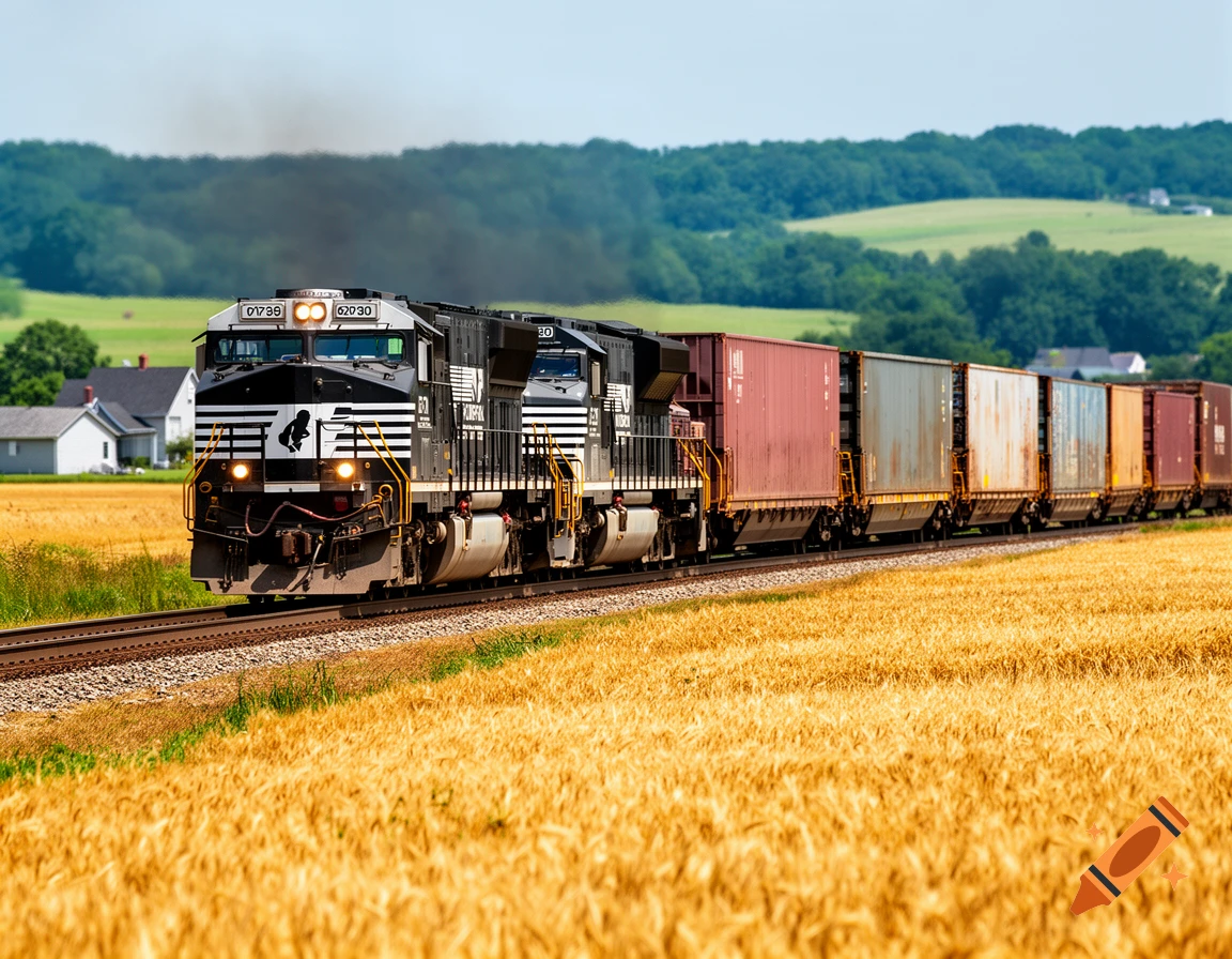 A black and white Norfolk Southern freight train travels through a golden grain field under a clear blue sky.