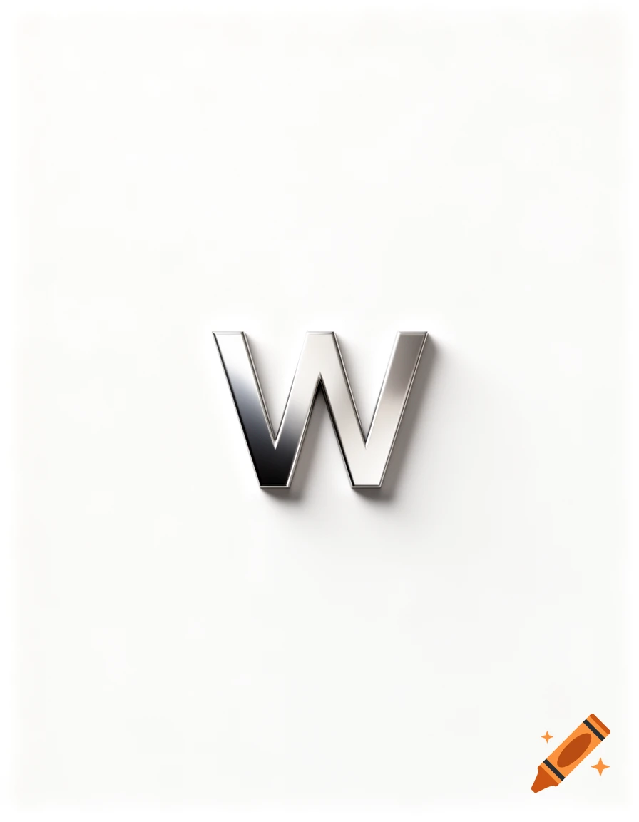 A shiny, three-dimensional chrome letter W casting a shadow on a bright white background.