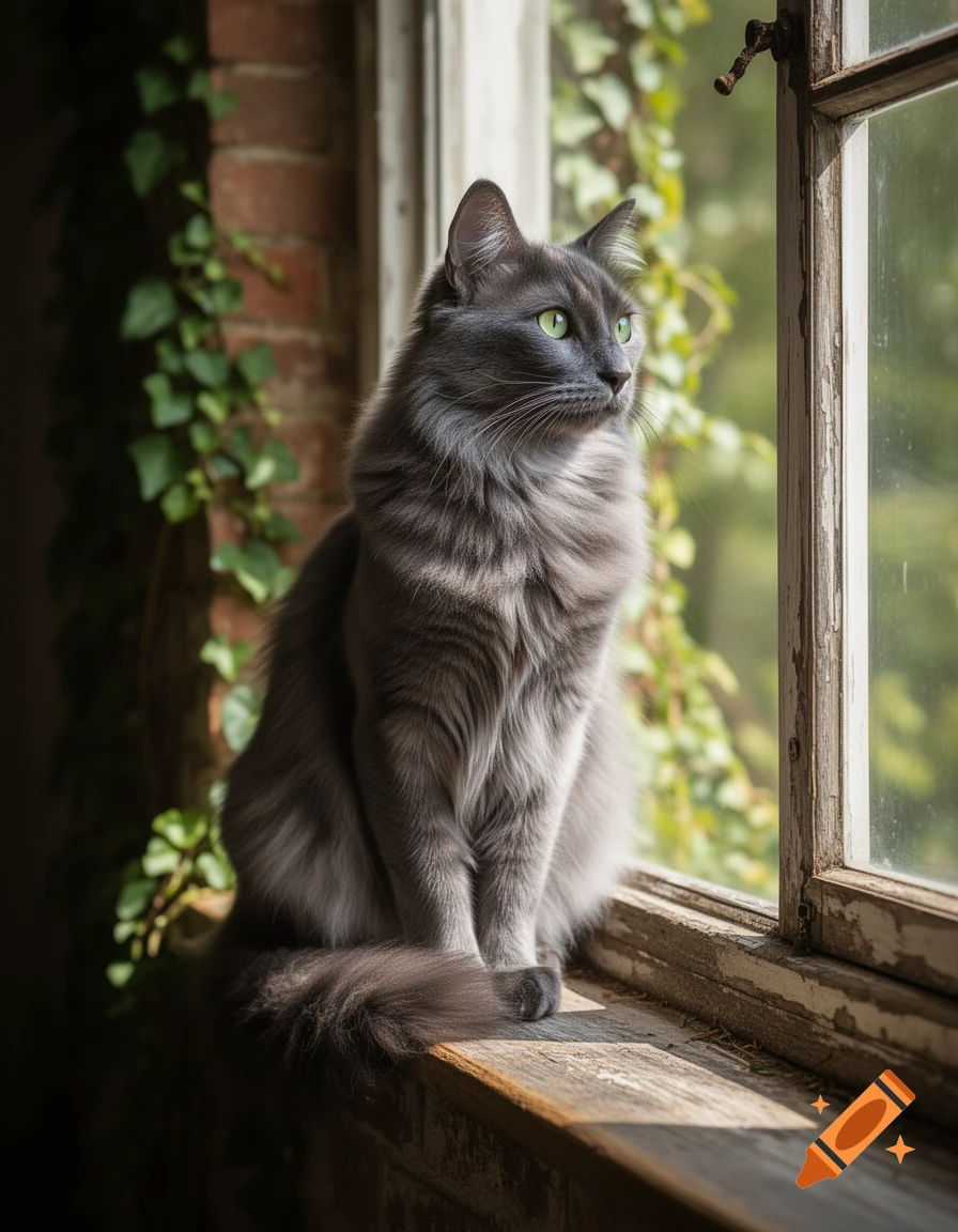 A fluffy grey cat with green eyes sits on an old wooden windowsill, looking out at a leafy green view. Photorealistic.