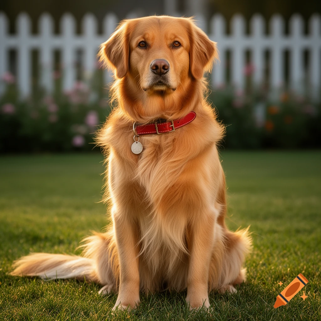 Photorealistic golden retriever sitting on a green lawn with a white picket fence in the background, lit by warm sunlight.