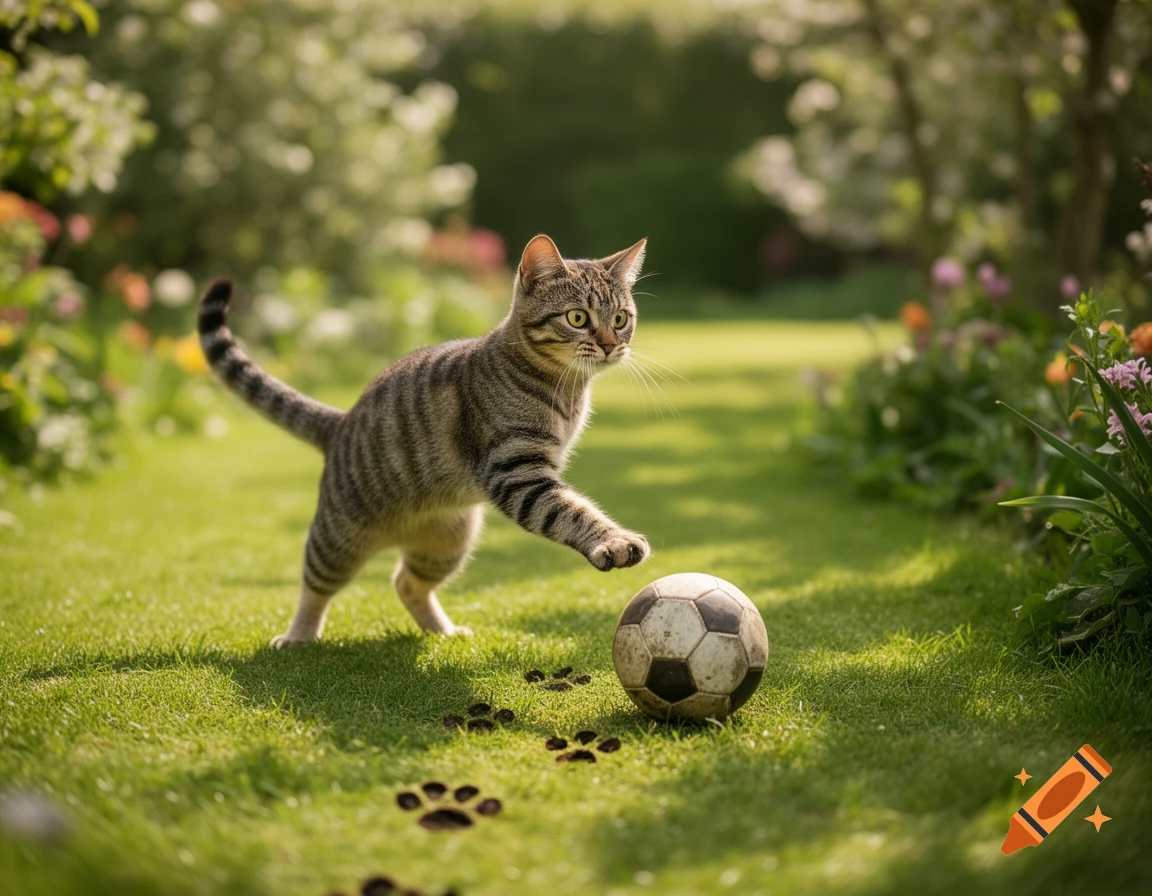 A tabby cat playfully chases a worn football across a sunny green garden lawn with paw prints.