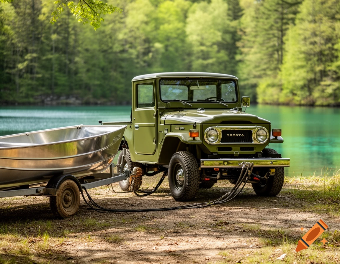 A green vintage Toyota FJ40 jeep pulls a silver aluminum rowboat on a trailer, parked by a clear blue lake with a lush green forest.