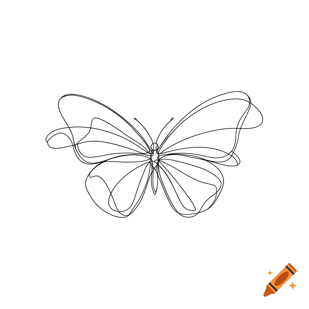 A minimalist black one-line drawing of a butterfly with large wings on a white background.