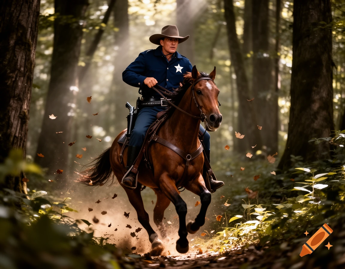 A photorealistic US Marshal on a brown horse races through a sunlit forest, kicking up dust and autumn leaves.