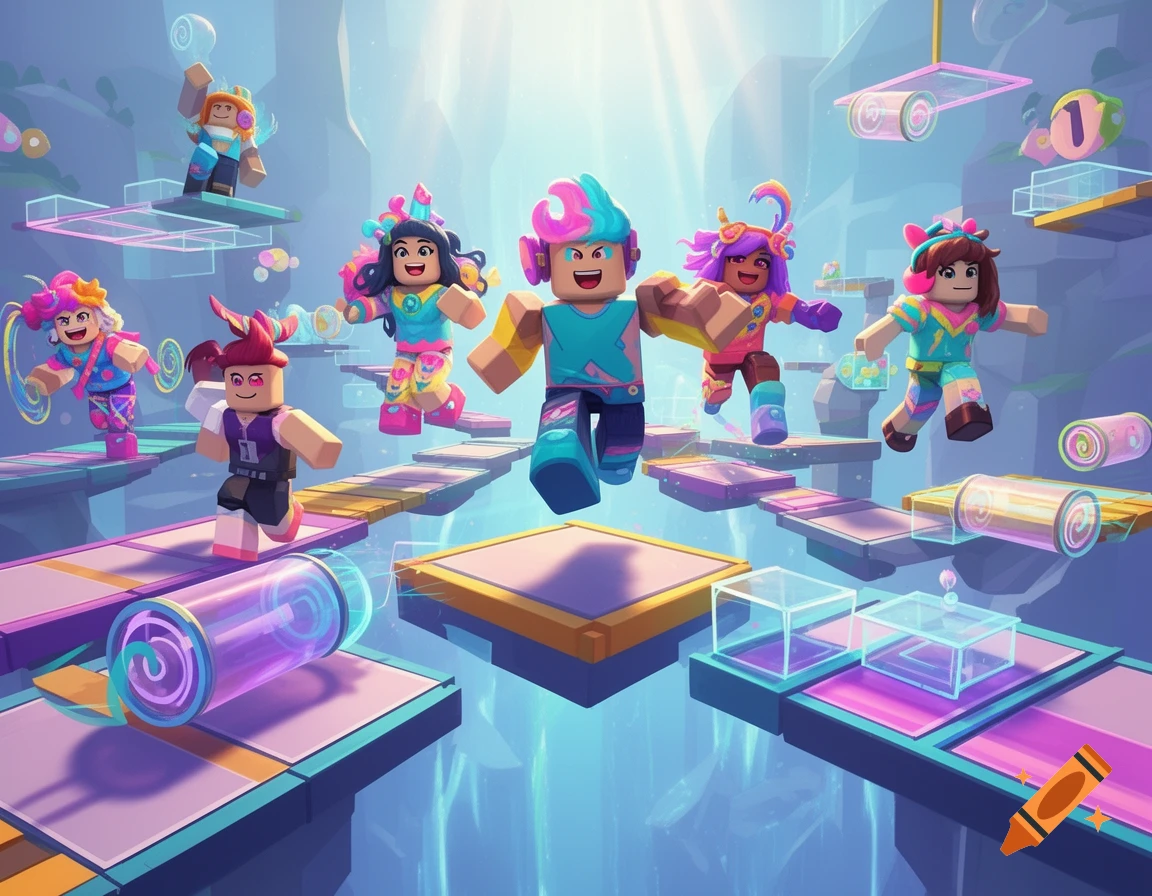 Colorful Roblox characters navigate a fantastical obstacle course of floating platforms in a bright 3D render.