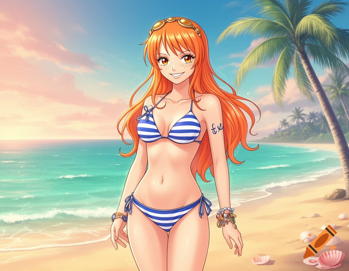 Anime girl Nami with orange hair in a blue and white striped bikini stands on a sunny beach.