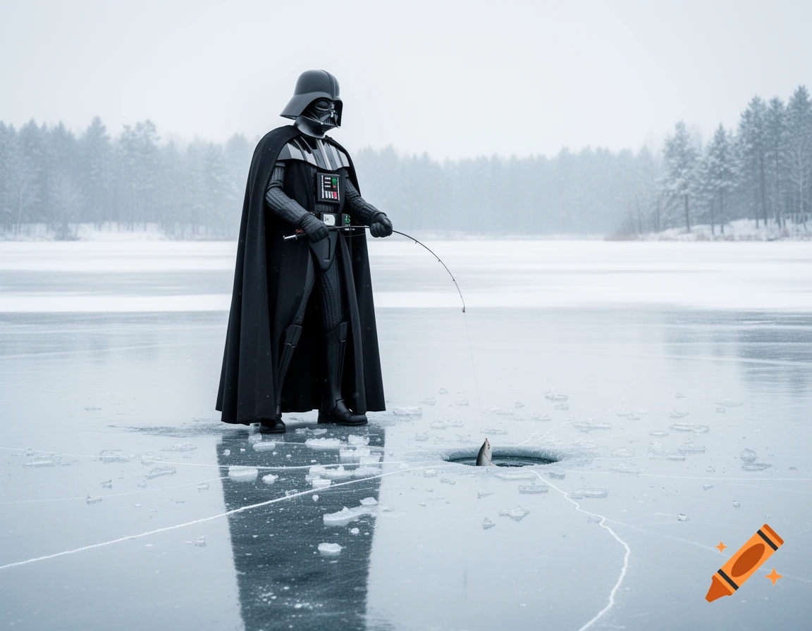 Darth Vader ice fishing on a frozen lake with snowy trees in the background in a photorealistic style.