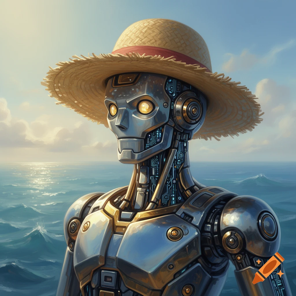 A detailed silver and gold robot in a straw hat with a red band looks out over a sunlit ocean with a blue sky.