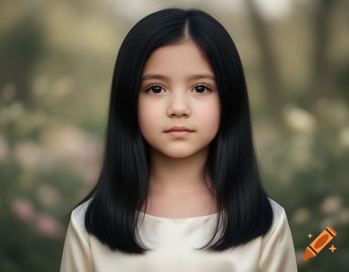 Photorealistic portrait of a young girl with long straight black hair, looking forward, against a blurred green background.
