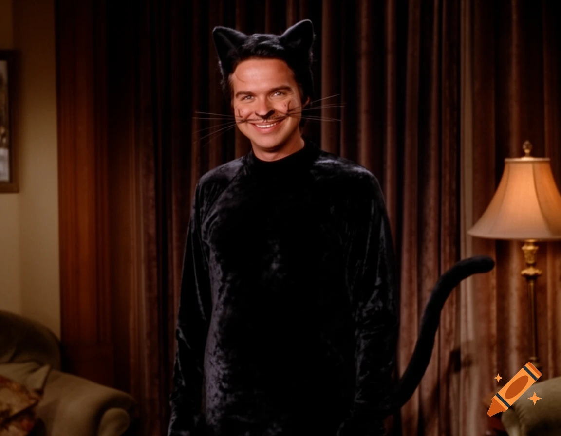 Phil Hartman smiling in a black cat costume with ears, whiskers, and a tail, standing in a room.