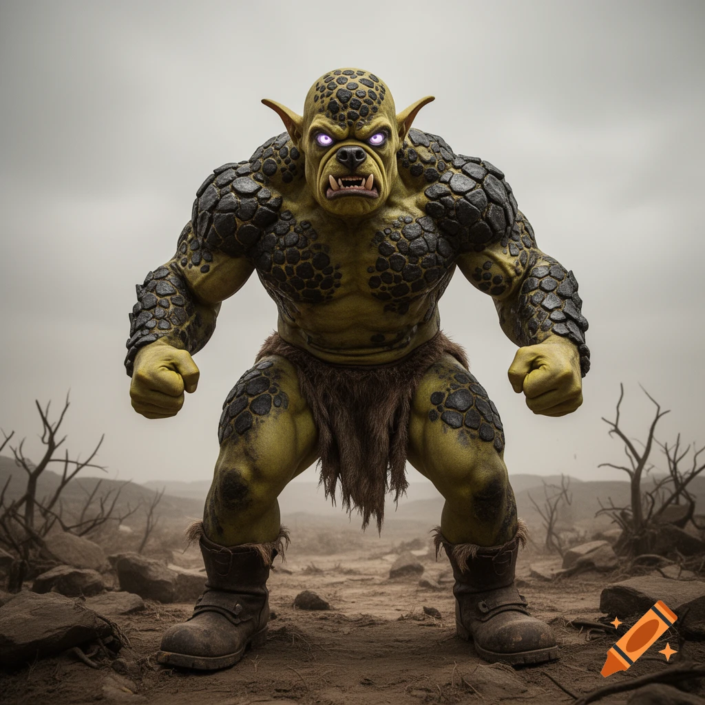 Photorealistic image of an overly muscled green-skinned monster with chitinous plates, glowing purple eyes, and a fur loincloth, standing in a barren landscape.