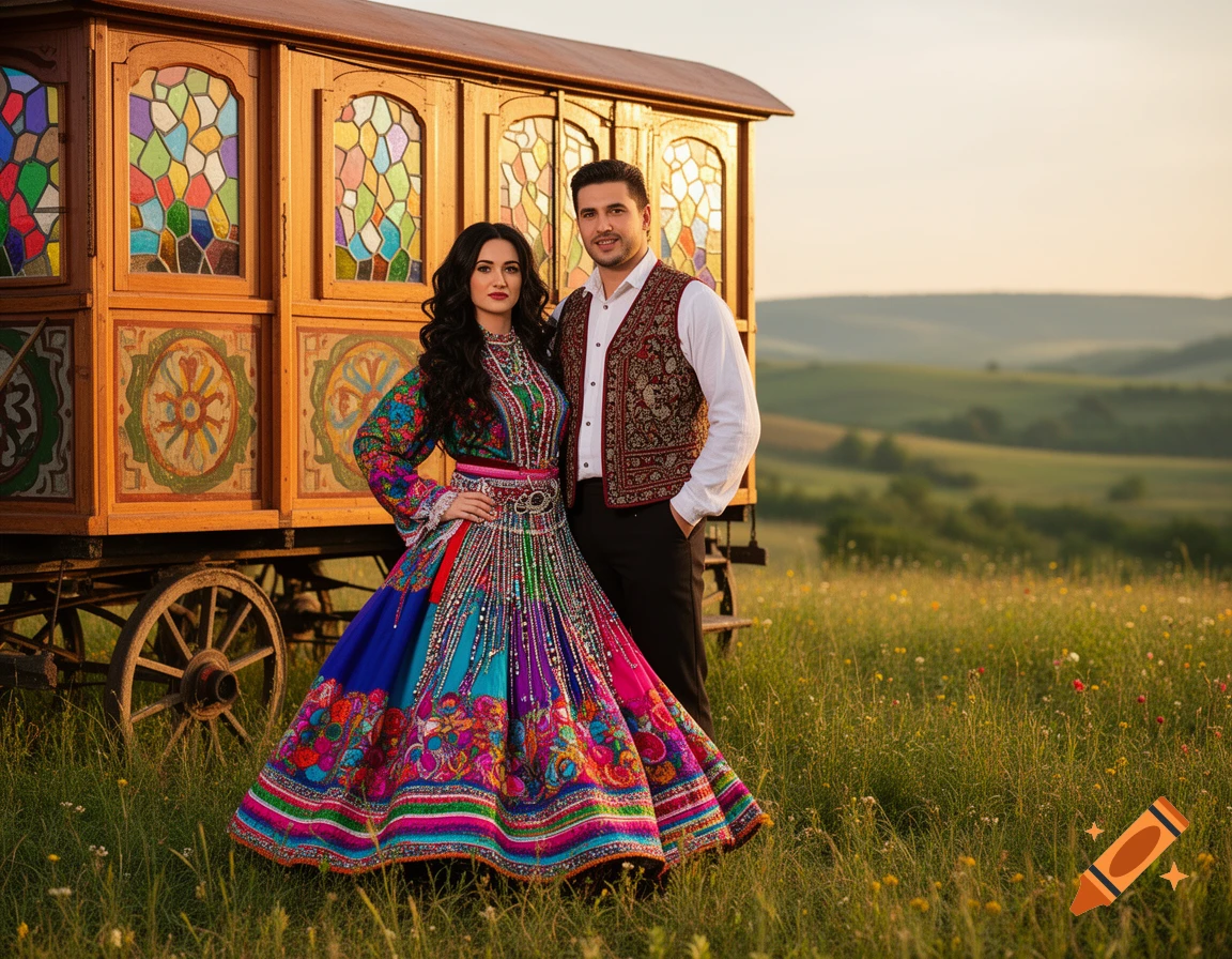 A couple in vibrant traditional clothing stands next to a decorative wooden wagon in a grassy field with rolling hills at sunset.