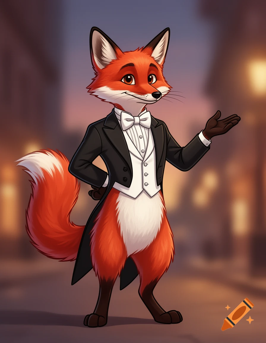 A cartoon anthropomorphic red fox in a tuxedo tailcoat and bow tie, gesturing with one hand in a city street.
