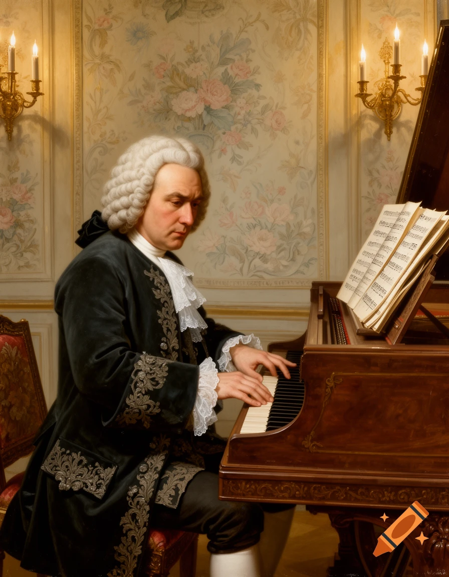 A man in a white wig and black velvet period attire plays a grand piano in a room with floral wallpaper.