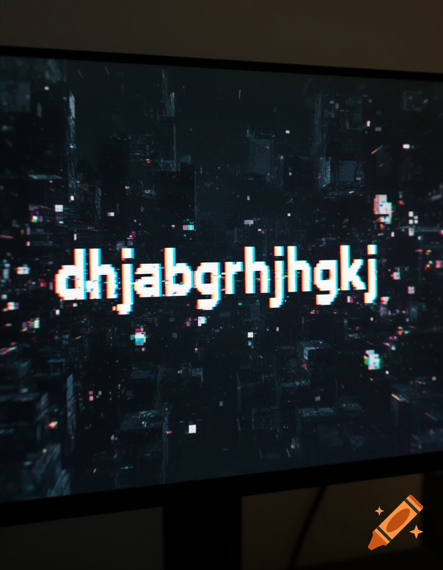 A screen displaying white, glitchy text "dhjabgrhjhgkj" over a dark, abstract digital background with colorful pixel artifacts.