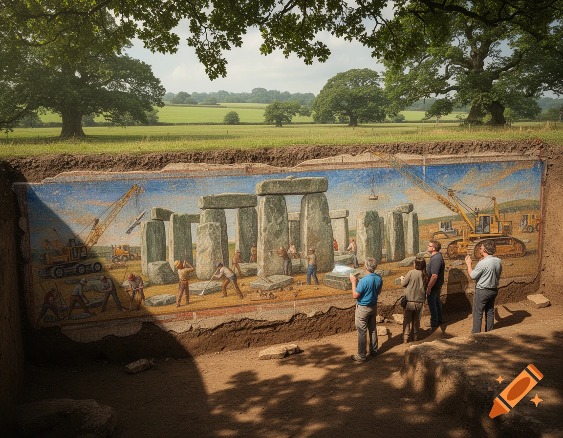 Photorealistic image of people viewing an archaeological wall painting of Stonehenge under construction with modern machinery, set in a green field.