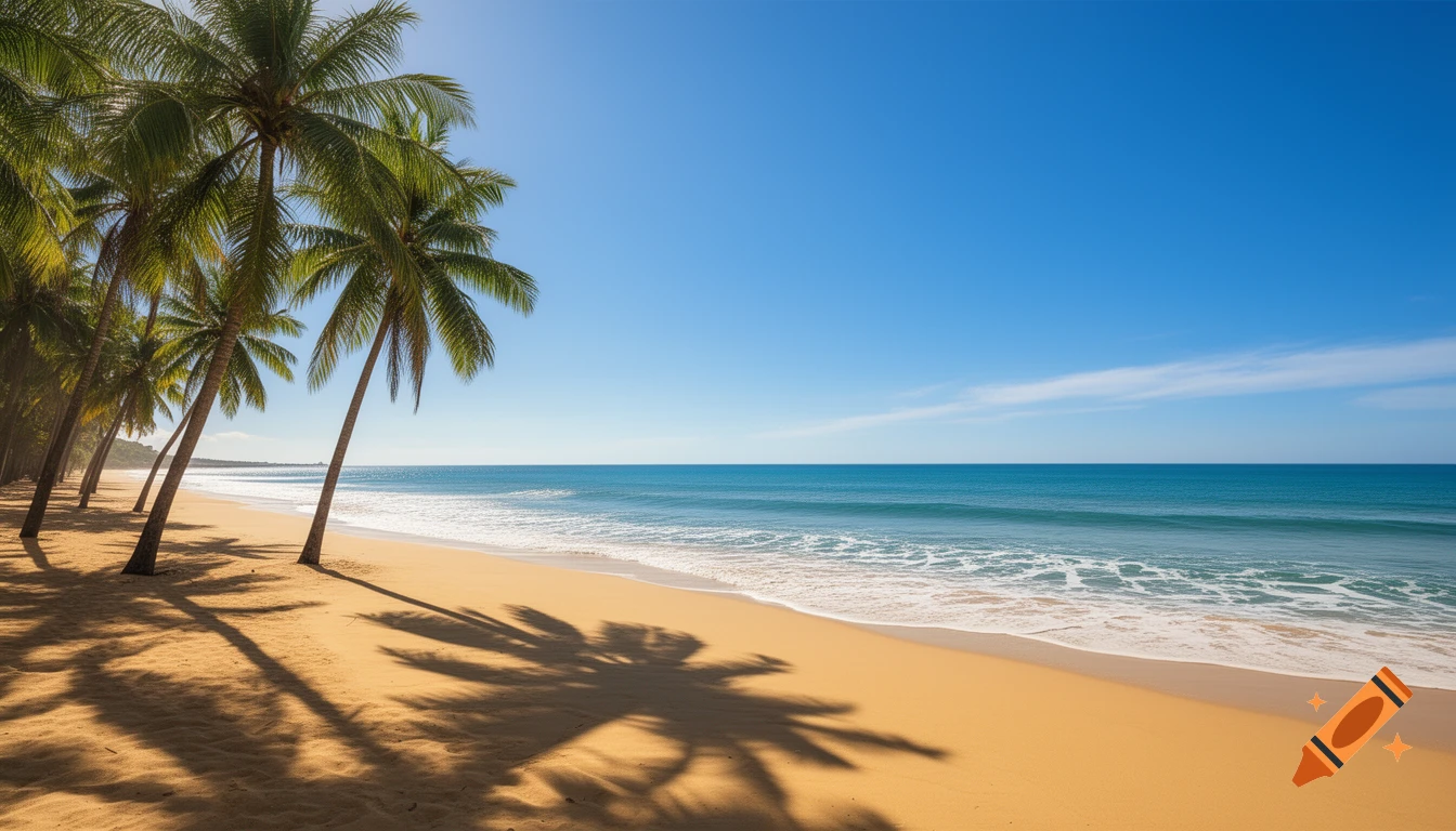 Photorealistic image of a sunny beach with palm trees casting shadows on golden sand, gentle waves, and a clear blue sky.