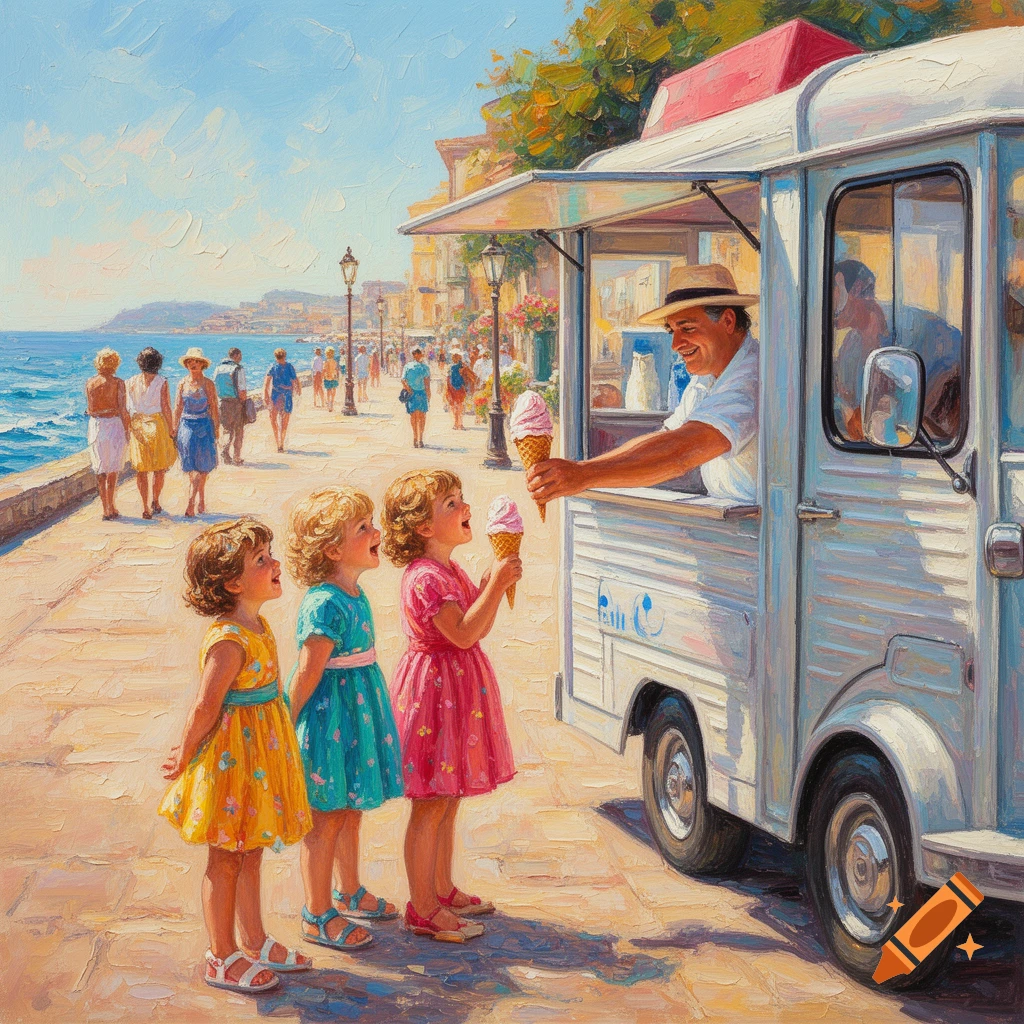 A vibrant painting shows three young girls eagerly receiving ice cream cones from a vendor at a seaside promenade.