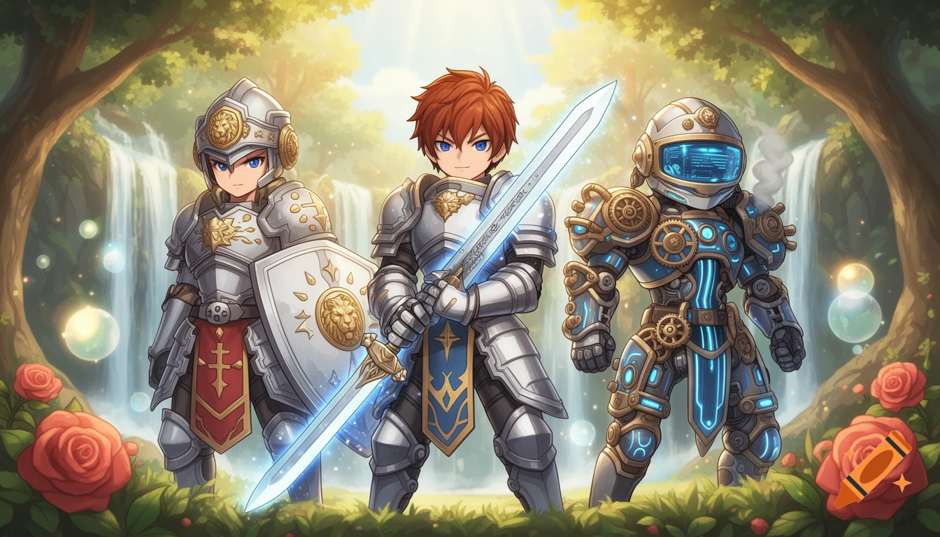 Three anime-style armored characters, two knights and one robot, stand in a lush forest with waterfalls and roses.
