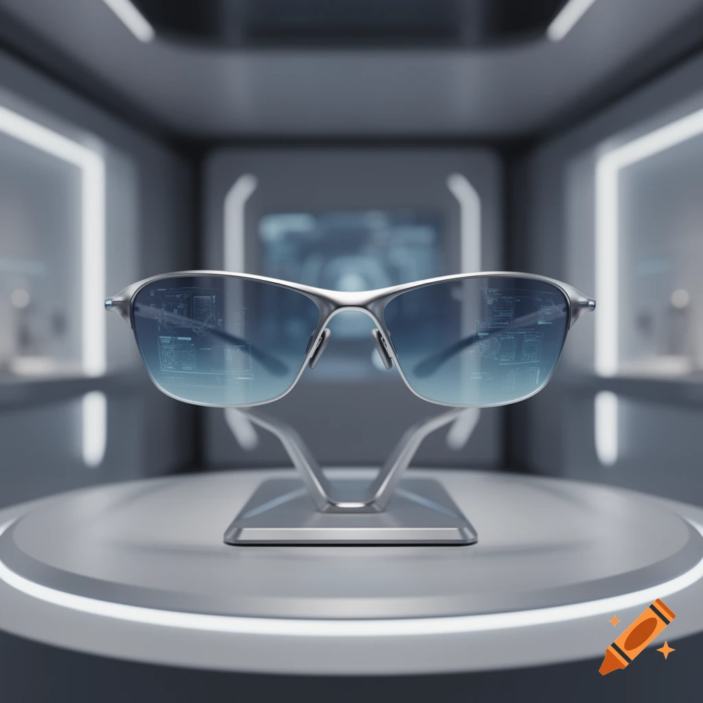 A pair of sleek silver futuristic smart glasses with blue gradient lenses displaying holographic interfaces, sitting on a minimalist stand in a high-tech room.
