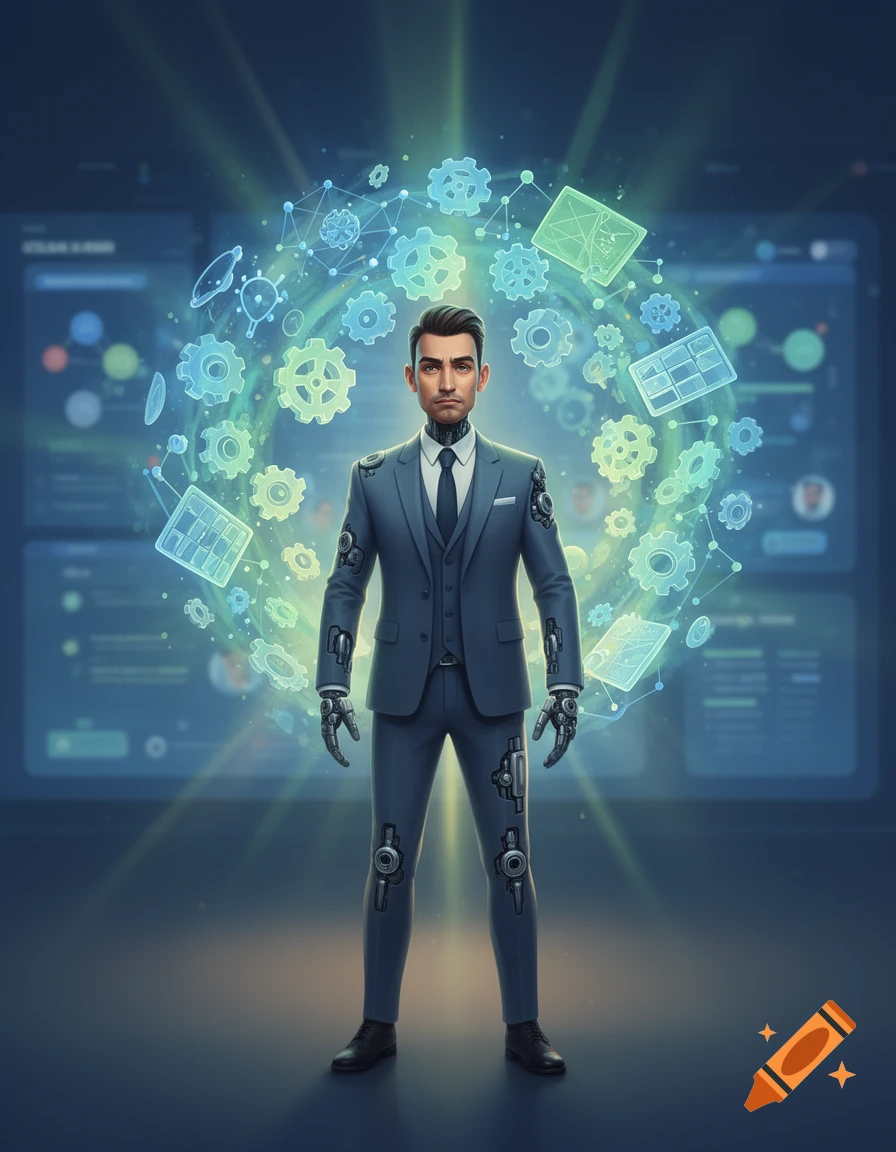 A man with robotic limbs in a business suit stands before a glowing digital interface with gears and network connections, representing a technological business concept.