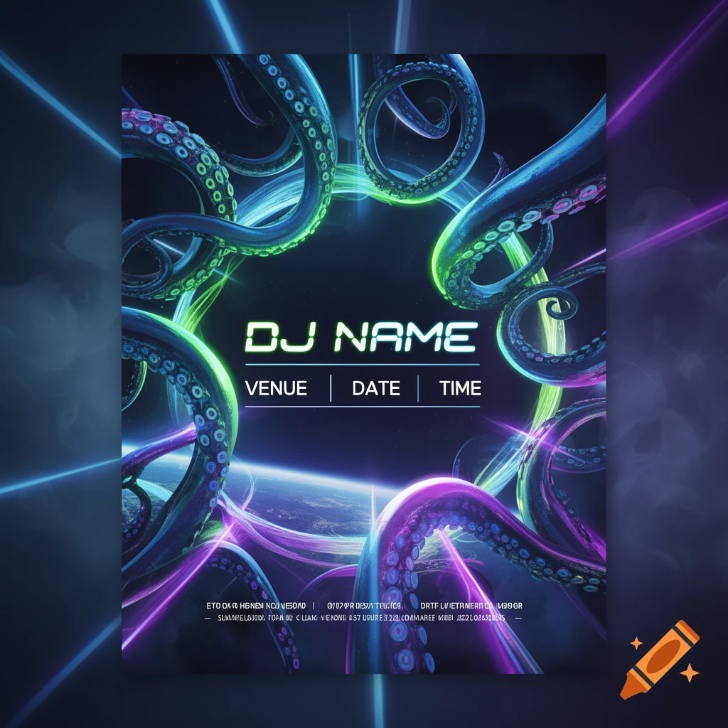 A dark EDM flyer template featuring glowing neon blue and purple tentacles swirling around bold text that reads "DJ NAME" and "VENUE | DATE | TIME", with a planet visible in the background.