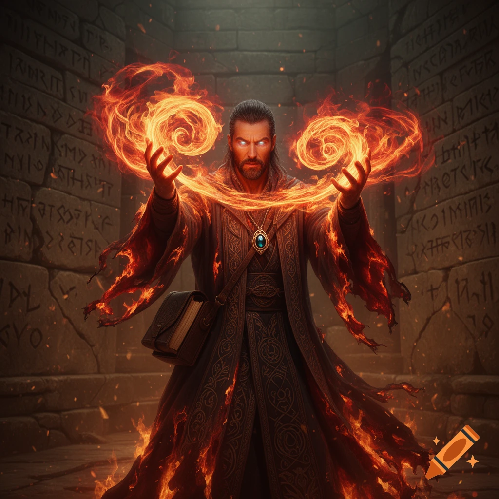 A fantasy fire wizard with glowing eyes casts a spell, surrounded by swirling flames in a dark, rune-carved stone chamber.