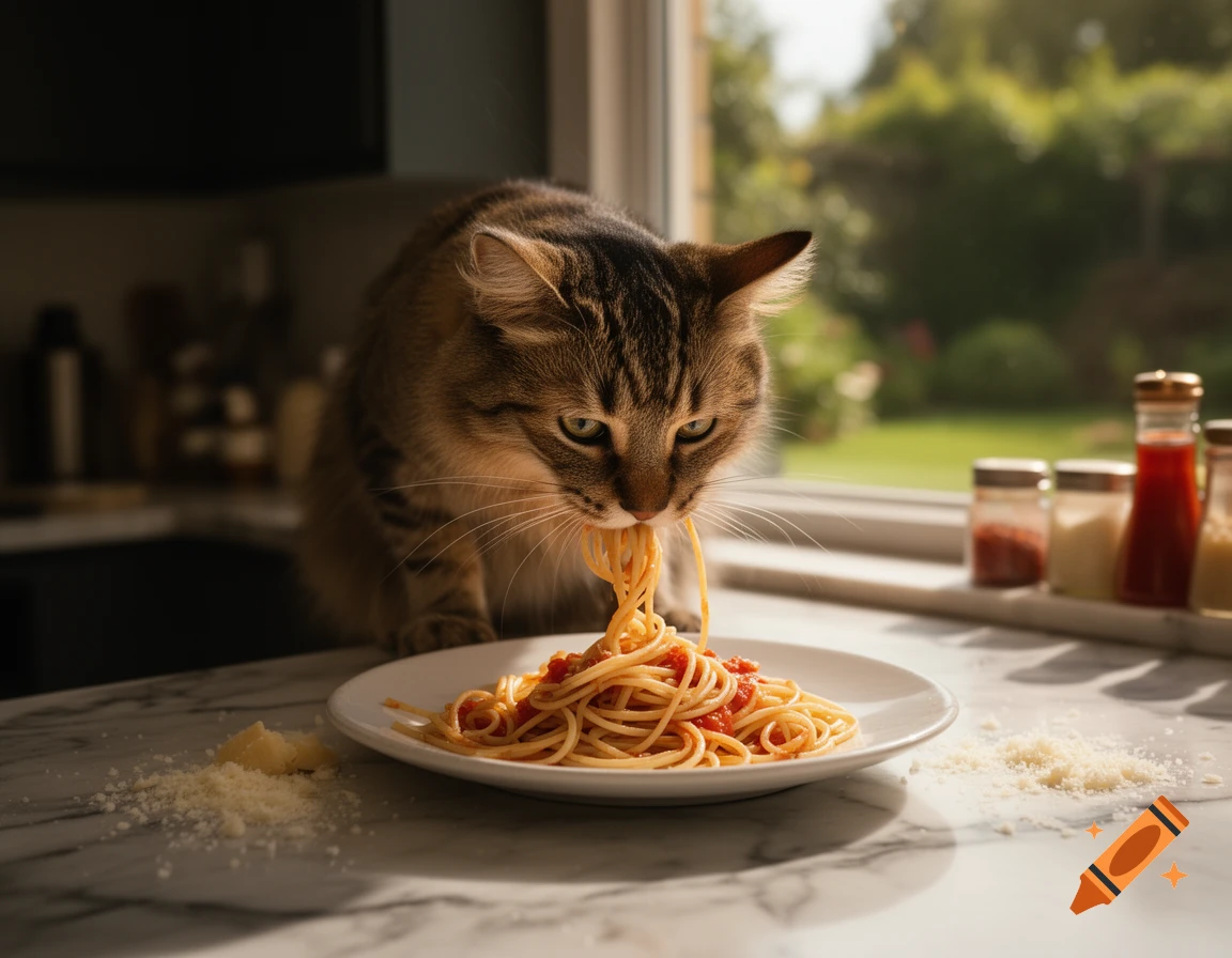 A photorealistic tabby cat intently eats spaghetti with red sauce and scattered parmesan on a kitchen counter.