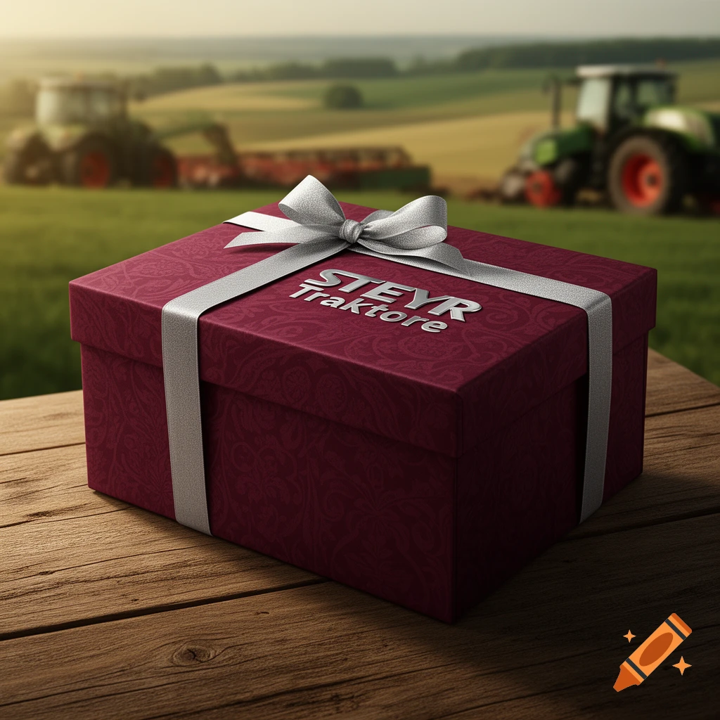 Photorealistic maroon gift box with silver ribbon and 'STEYR Traktore' text on a wooden table, with tractors in a blurry field.