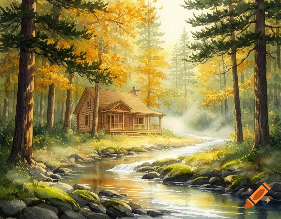 A cozy watercolor painting of a wooden cabin by a stream in a vibrant autumn forest.