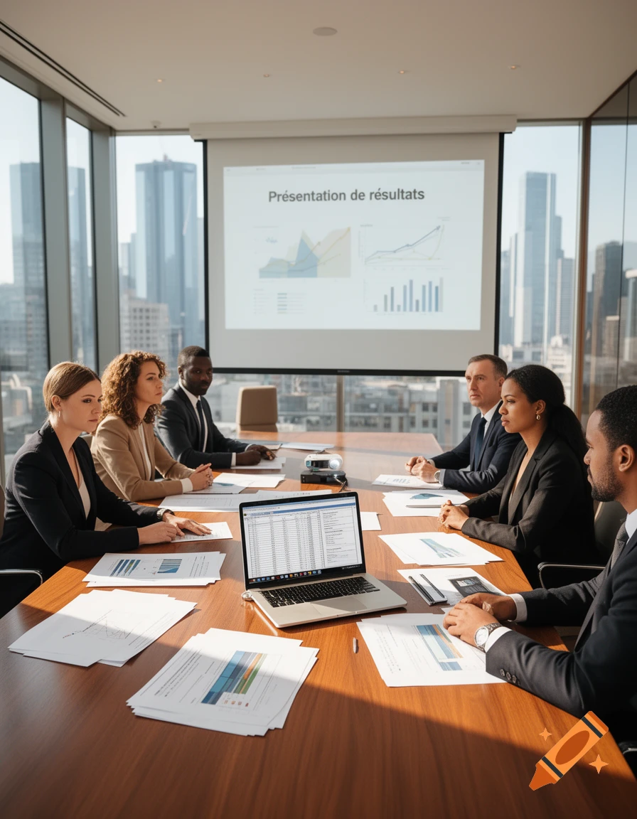 Diverse professionals in a modern conference room with a city skyline view, looking at a presentation screen and laptops.