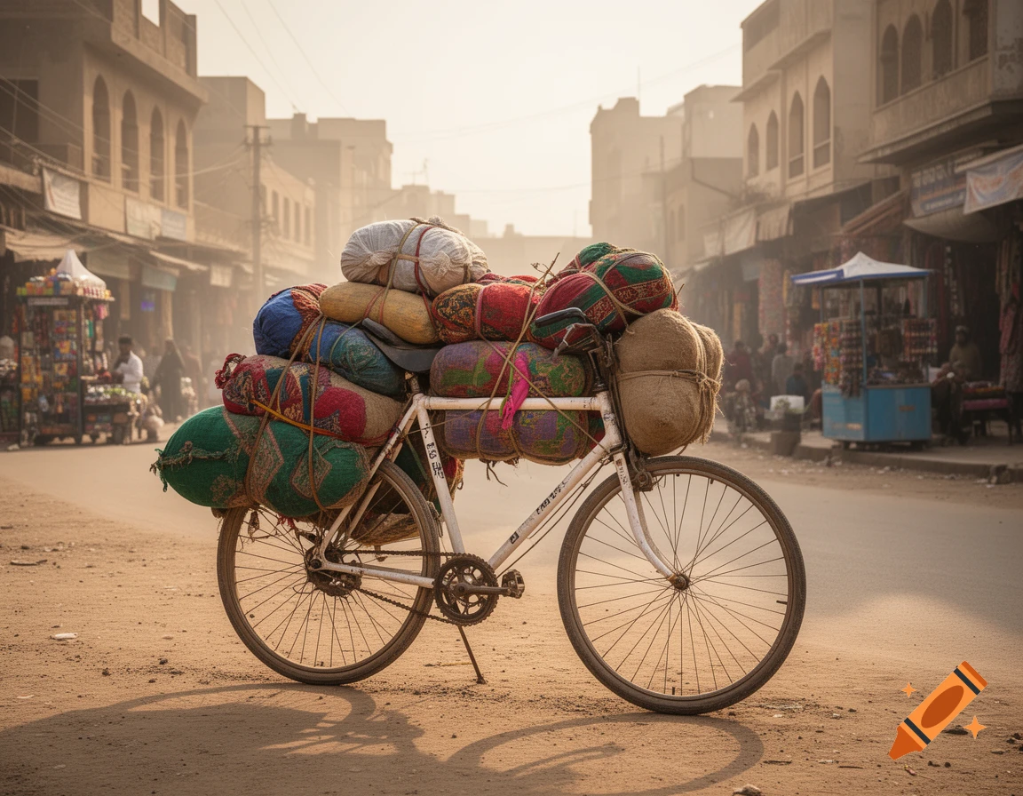 A white bicycle heavily overloaded with colorful bundles of luggage stands on a dusty street in a bustling South Asian town.