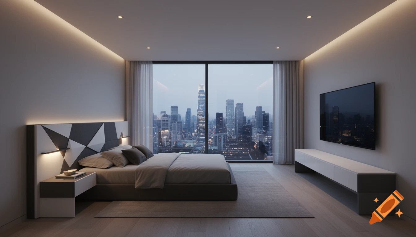 Modern bedroom featuring a geometric headboard, sleek furniture, and a large window offering a panoramic view of a city skyline at dusk.