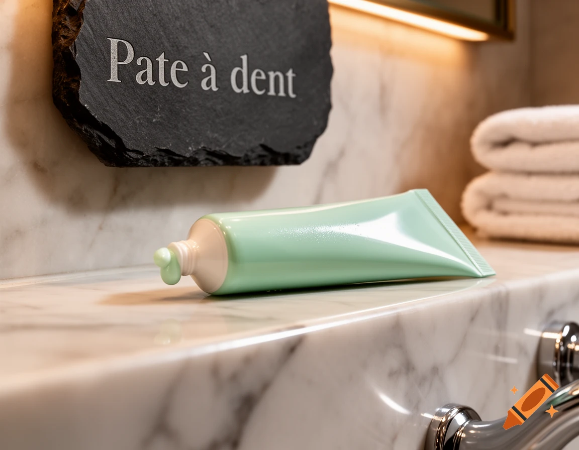 A mint green tube of toothpaste with a small amount squeezed out lies on a white marble countertop. A dark slate sign with "Pate à dent" is behind it.