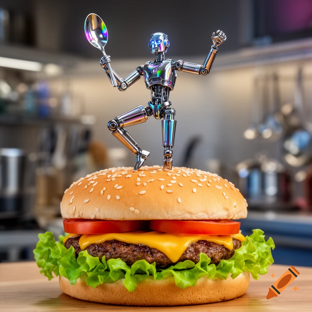 A metallic robot stands on a cheeseburger, dancing with a spoon in its hand, in a kitchen setting.